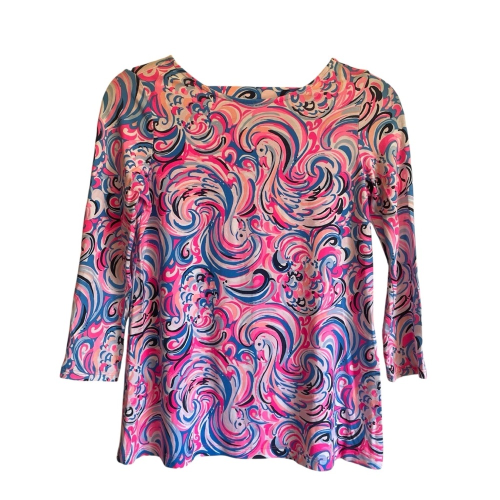 Lilly Pulitzer Ophelia Top Raz‎ Berry Swirly Flamingoals Quarter Sleeves